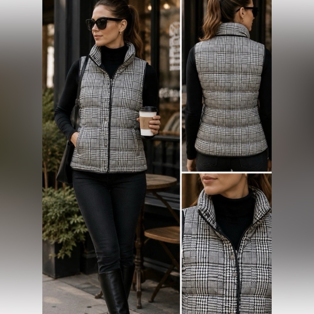 Banana Republic Black & White Plaid Puffer Vest - Women's Sleeveless Jacket
